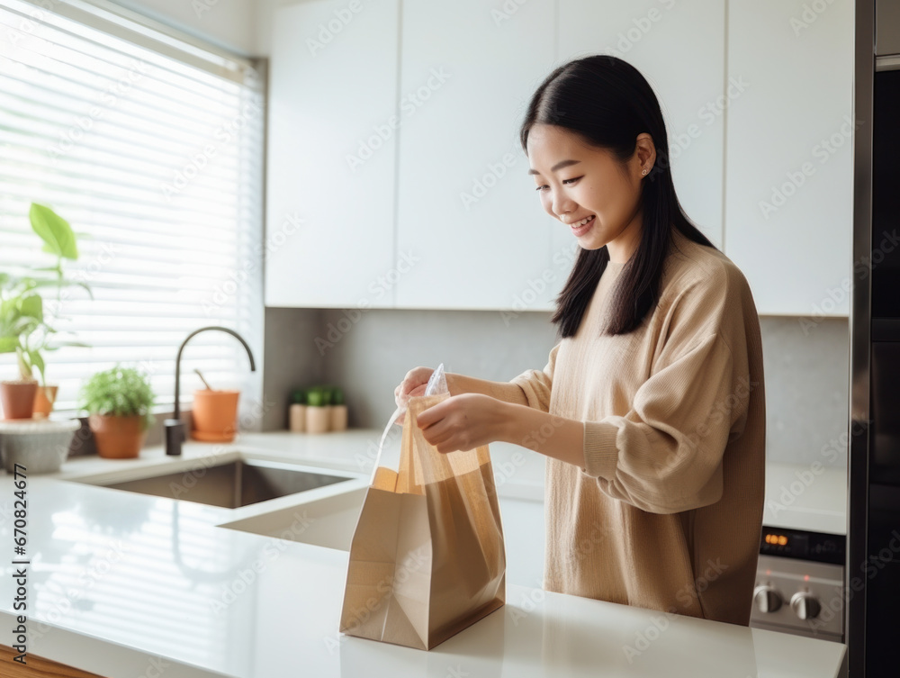 asian woman taking out food from bag asian woman taking out food from bag