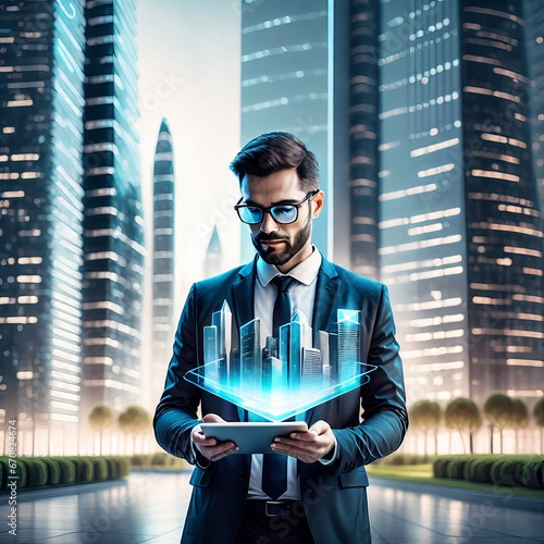 Obraz na płótnie Man with digital tablet and buildings hologram w salonie