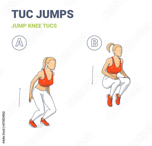 Tuc Jumps Exercise. Woman Home Workout Guidance.