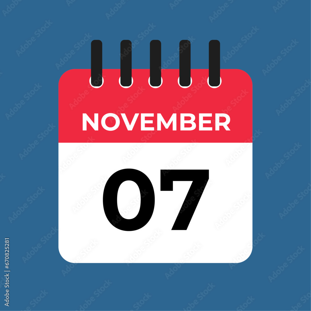 november 07 calendar reminder. 07 november daily calendar icon template. Calendar 07 november icon Design template. Vector illustration november 07 calendar reminder. 07 november daily calendar icon template. Calendar 07 november icon Design template. Vector illustration