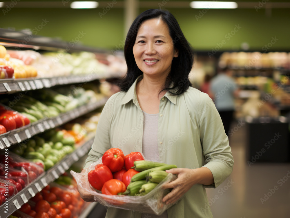 Portrait of a middle-aged AsiAn-American woman standing in a supermarket