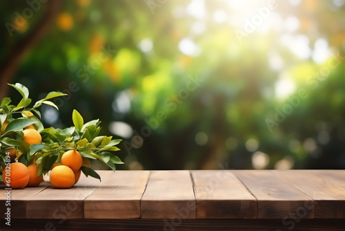 Apricots on wooden table, blurred garden background
