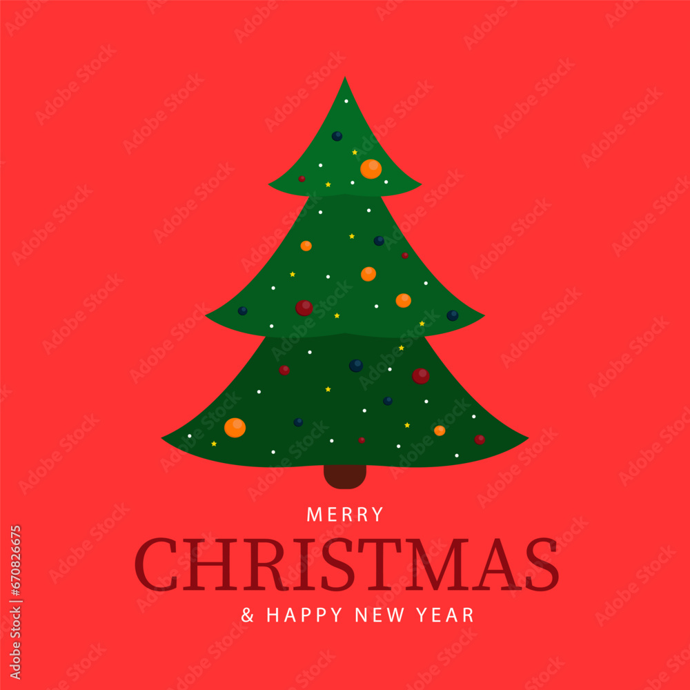 Merry Christmas and happy new year greeting card. Decorated Christmas tree on a red background traditional vector illustration Merry Christmas and happy new year greeting card. Decorated Christmas tree on a red background traditional vector illustration