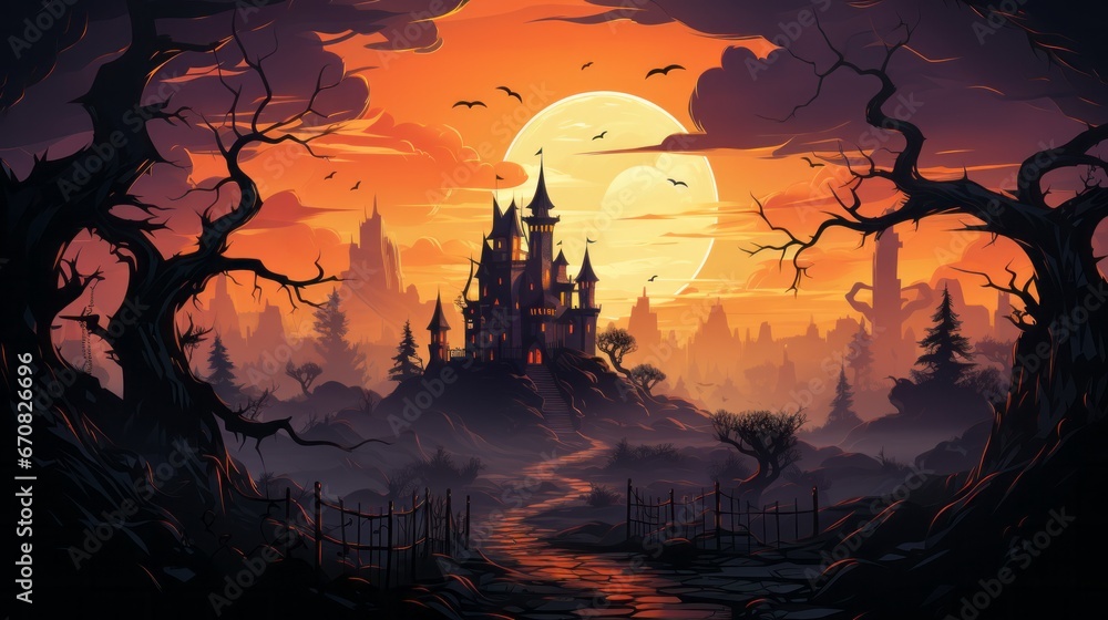 Amidst a fiery sunset, the silhouette of a majestic castle on a hill stands tall, surrounded by lush trees and the ethereal glow of the moon, beckoning to be captured in a stunning outdoor painting