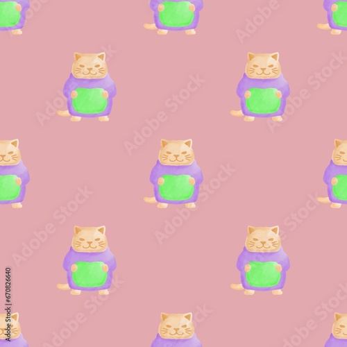 Seamless cute cat pattern in watercolor style