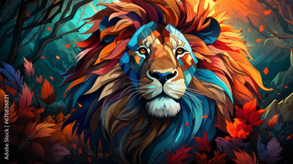 A vibrant painting of a majestic lion with a whimsical, rainbow-colored mane, exuding a playful yet powerful energy as he roars against the backdrop of the african savanna