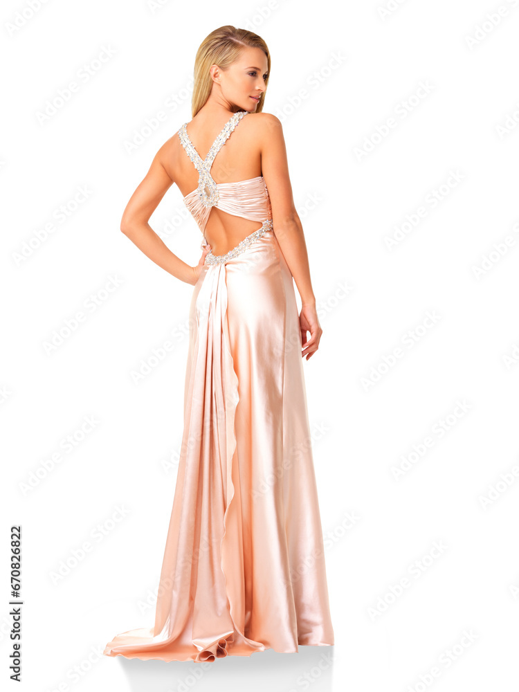 Back, fashion and glamour with a woman bridesmaid in an elegant dress isolated on transparent background. Beauty, style and a young model in a classy outfit for a wedding, party or event on PNG