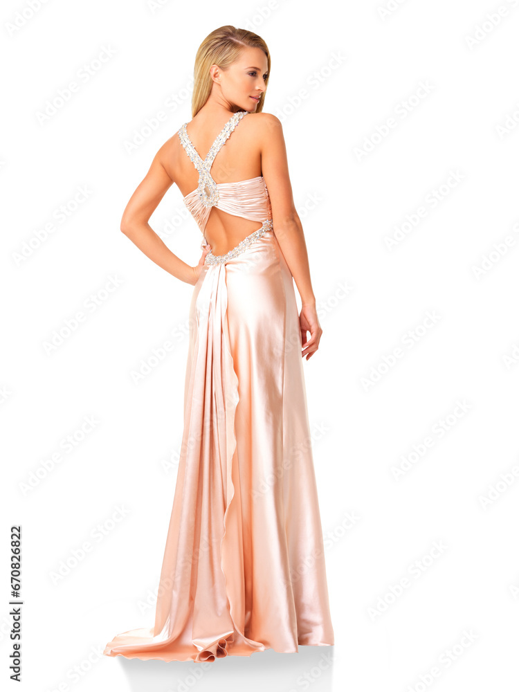 Back, fashion and glamour with a woman bridesmaid in an elegant dress isolated on transparent background. Beauty, style and a young model in a classy outfit for a wedding, party or event on PNG Back, fashion and glamour with a woman bridesmaid in an elegant dress isolated on transparent background. Beauty, style and a young model in a classy outfit for a wedding, party or event on PNG