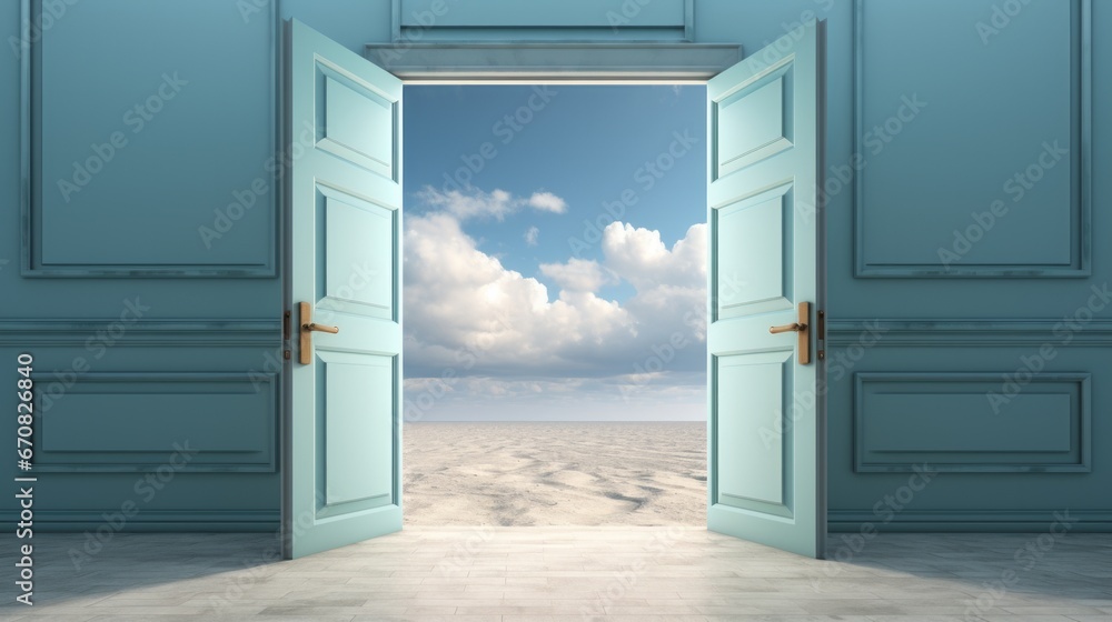 A door opened to vast expanse of sky, with billowing clouds framing the towering buildings and lush ground below, as if inviting one to step into the outdoor landscape of endless possibilities A door opened to vast expanse of sky, with billowing clouds framing the towering buildings and lush ground below, as if inviting one to step into the outdoor landscape of endless possibilities