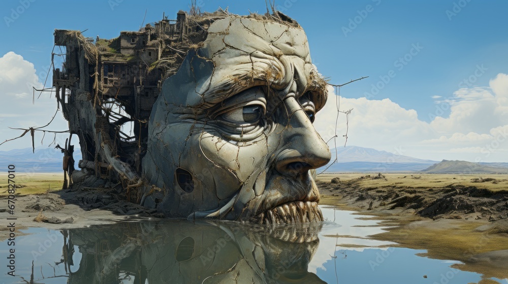 A cloud-veiled sky reflects a majestic stone face in the still waters, a timeless sculpture embodying the power and grace of nature's art A cloud-veiled sky reflects a majestic stone face in the still waters, a timeless sculpture embodying the power and grace of nature's art