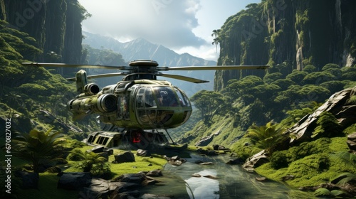 A roaring helicopter soars through the lush green canopy of a jungle, its rotorcraft slicing through the thick mountain air as it transports its passengers on a thrilling outdoor adventure photo
