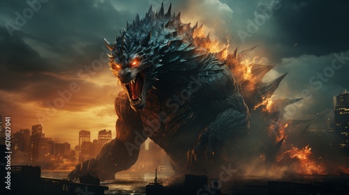 In the fiery sky, a colossal beast roars amidst the swirling clouds, igniting a wild display of fireworks and unleashing a primal chaos upon the outdoor world