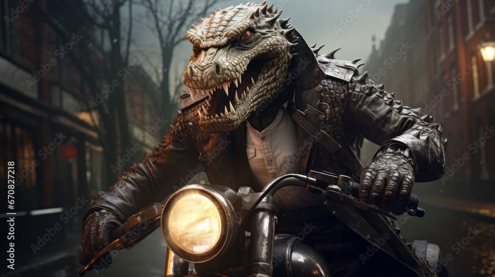 A fierce dragon statue roars through the outdoor scenery, donning a leather jacket and riding a motorcycle with wild abandon