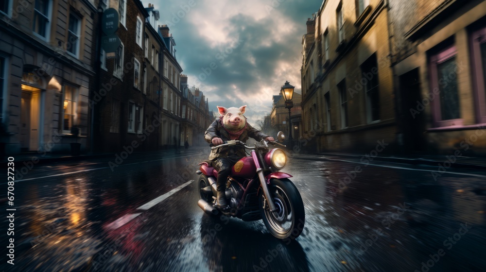 Roaring through the city streets, a fearless pig balances on two wheels of metal, the sky a canvas of clouds above as buildings blur past and the ground becomes a blur beneath the thundering motorbike
