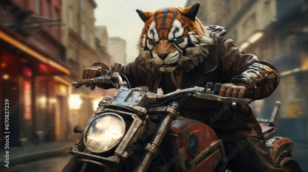 Roaring through the city streets, a wild rider clad in a tiger's fierce visage tears past towering buildings on their powerful motorcycle, embodying the untamed spirit of the open road