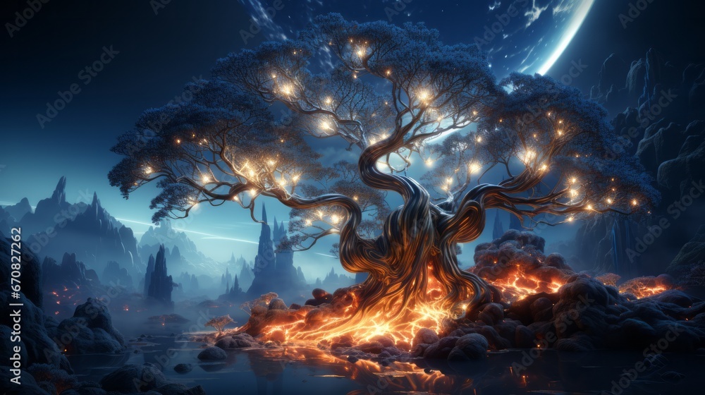 A majestic tree, its branches aglow with an otherworldly radiance, stands boldly against the dark night sky as molten lava flows freely from its roots