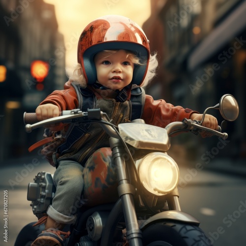 A daring young boy races through the streets on his motorcycle, his helmet and clothing flapping in the wind as he embraces the thrill of the ride photo