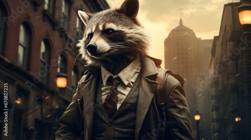 A sharply-dressed man stands tall outside a towering building, his fur-lined jacket catching the eye of a curious raccoon as they both stare down the bustling street photo