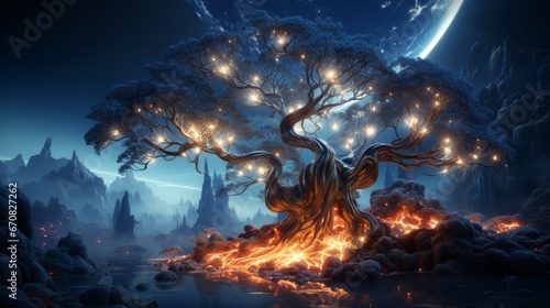 A majestic tree  its branches aglow with an otherworldly radiance  stands boldly against the dark night sky as molten lava flows freely from its roots