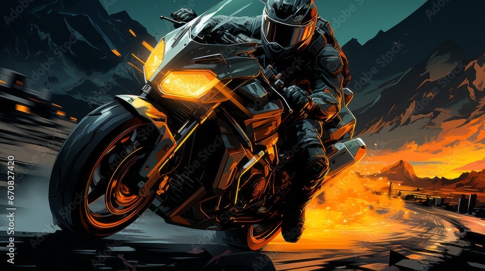 The motorcyclist's tire kicks up dust as he leans into a sharp turn, the spinning wheel of his vehicle capturing a thrilling image of his wild outdoor adventure The motorcyclist's tire kicks up dust as he leans into a sharp turn, the spinning wheel of his vehicle capturing a thrilling image of his wild outdoor adventure