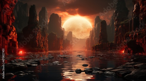 As the sun sets  the fiery sky reflects off the tranquil water  casting a warm glow over the rugged rock formations and the majestic moon looming above