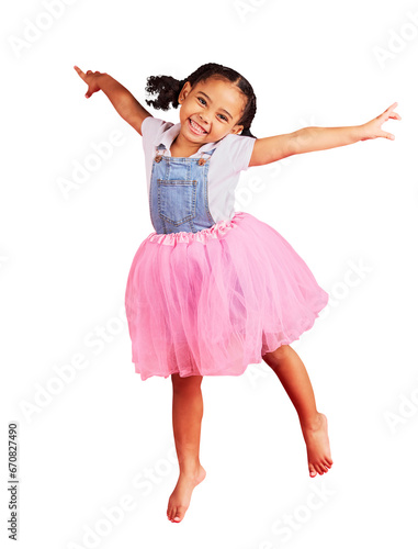Portrait, girl and jump in tutu skirt, excited and princess isolated on a transparent background. Female child, ballet clothes and kid with energy for performance, dance and ballerina dress with png
