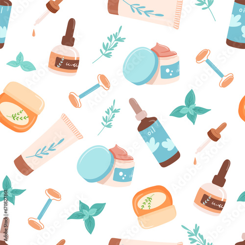 Seamless pattern with skin care products flat cartoon illustrations, body lotion, face toner and cream. Vector cosmetic objects in tube with leaves on white background