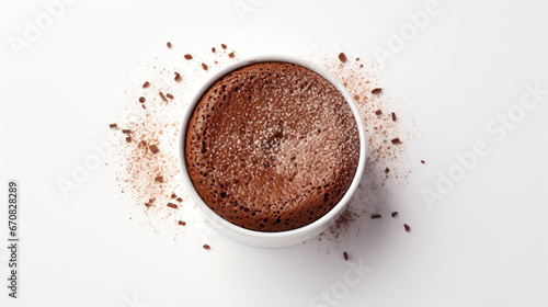 Fragrant Chocolate Souffle with white background and spotlight for advertise and presentation in top view. Created using generative AI.
