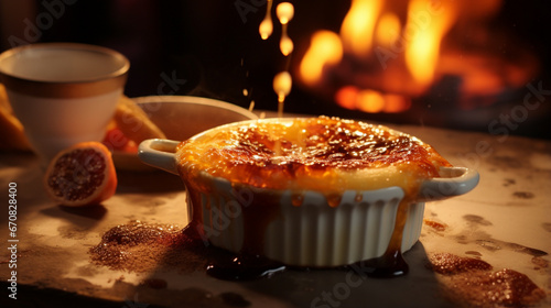 Baked Creme Brulee on the wood chopping block with owen background and warm light. Created using generative AI.