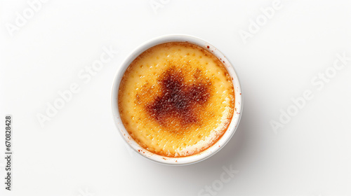 Fragrant Creme Brulee with white background and spotlight for advertise and presentation in top view. Created using generative AI.