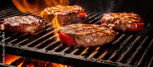 Barbecuing traditional hamburgers on an open air propane grill during the warm season