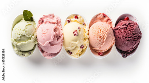 Top view colorful fresh Gelato ice cream with clear white background and spotlight for product presentation. Created using generative AI.