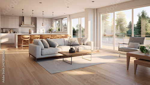 3d rendering of interior living space with wood floors and grey wood ai generative