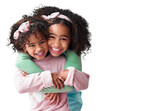 Girls, sibling and hug with happiness in portrait or png with isolated and transparent background. Love, kid and together with embrace or care and smile for trust or bonding to play with friends.