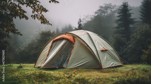 Rainy day tent in the woods. Tent sits in a field of green grass, surrounded by trees. Rain falls gently on the tent, creating a peaceful and serene scene. Copy space.