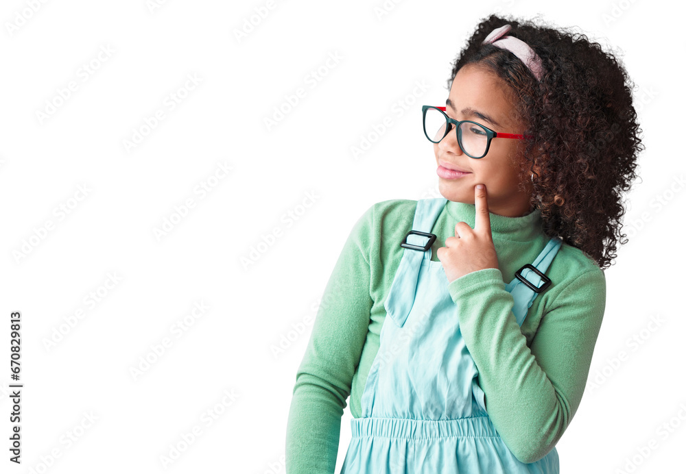 Girl, thinking and kid with idea or glasses in png or transparent and isolated background. Thoughtful, child and youth or nerd with plan for solving problem with knowledge or geek with vision. - obrazy, fototapety, plakaty 