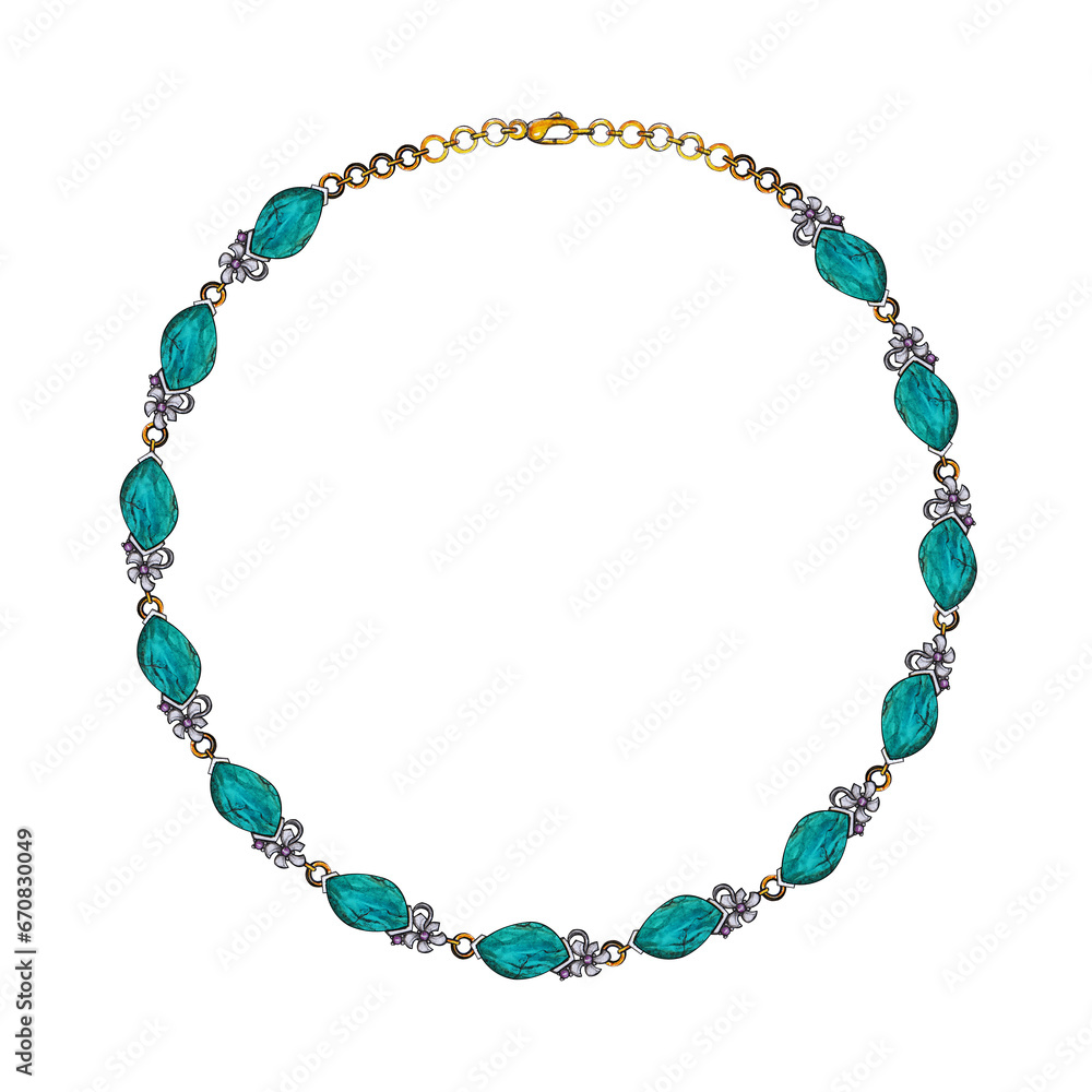 Jewelry design modern art fancy turquoise necklace hand drawing and painting on paper. Jewelry design modern art fancy turquoise necklace hand drawing and painting on paper.