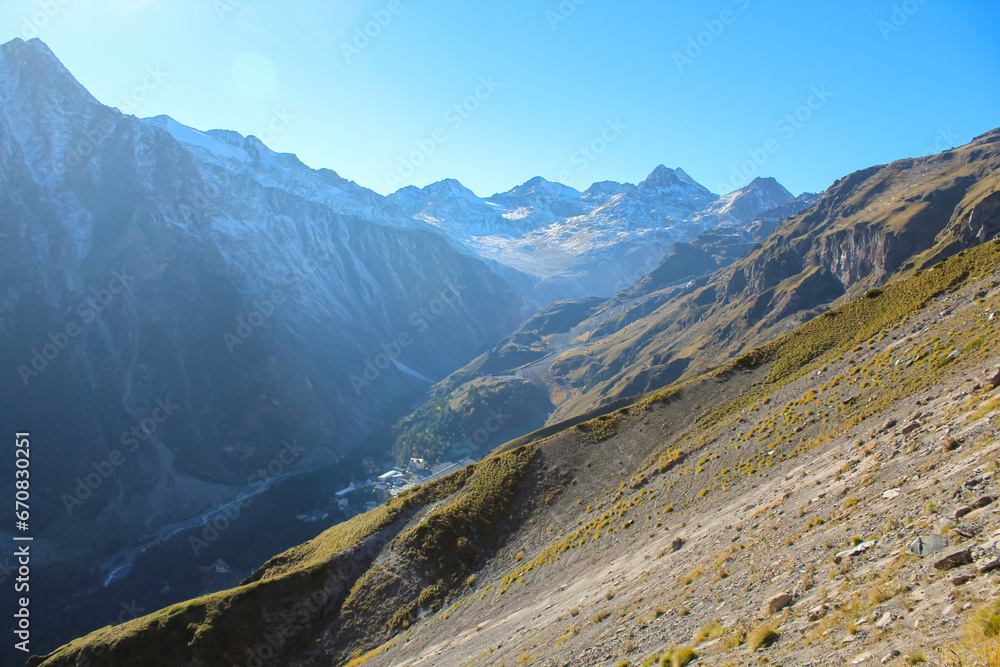 Fototapeta premium Panoramic view on the valley around Mount Elbrus, Russia. Autumn season
