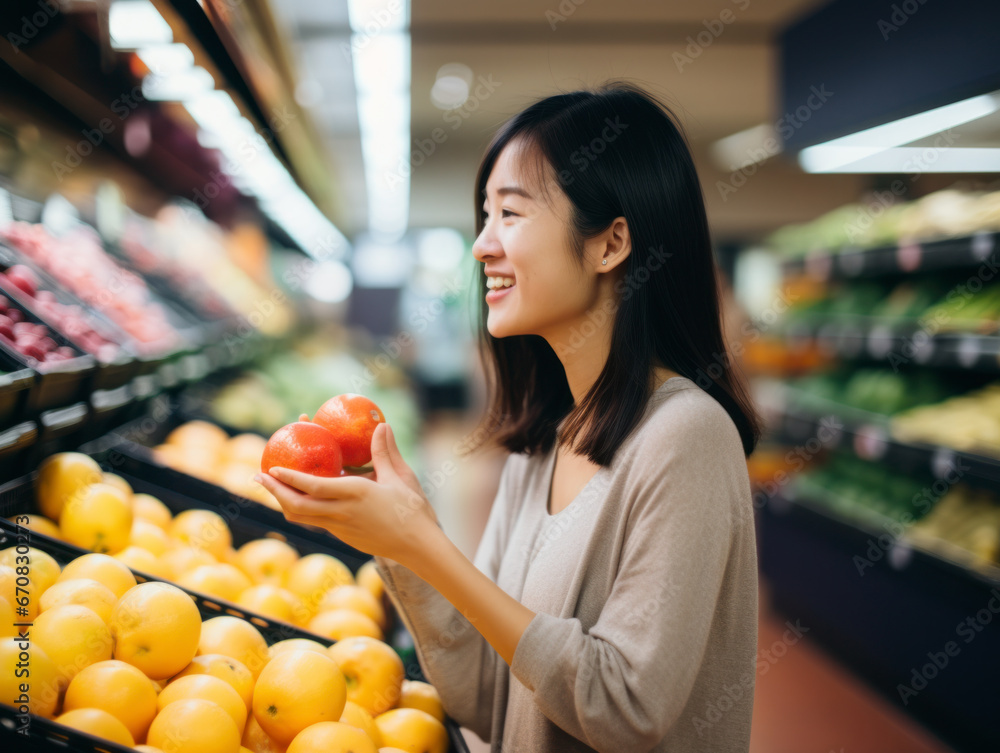 Asian-american women shop at a supermarket Asian-american women shop at a supermarket