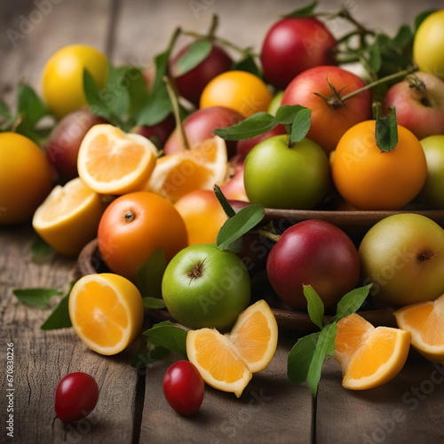 Frutas manzanas verdes y rojas junto con naranjas y varias cerezas en un mont  n sobre una mesa de madera y algunas naranjas est  n cortadas en trozos 