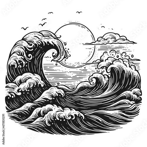 "A black and white drawing of a wave in the ocean" is a captivating illustration of a wave rendered in monochrome, perfect for various design projects like websites, posters, or prints.