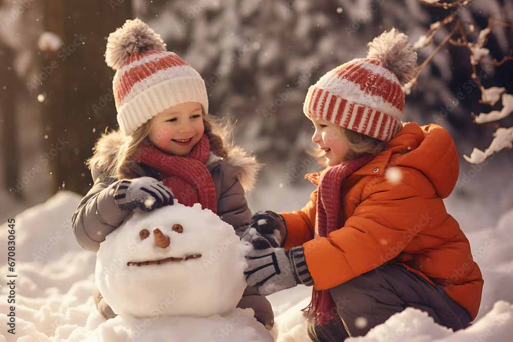 Happy children having fun on winter sunny day lifestyle