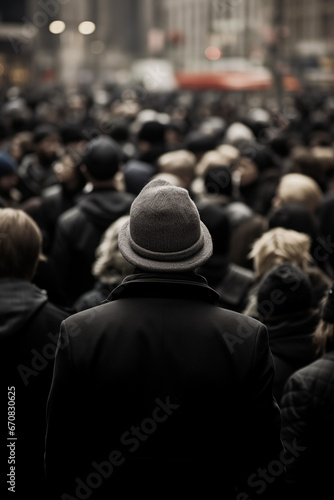 crowd of people in the New York city from behind, man with hat