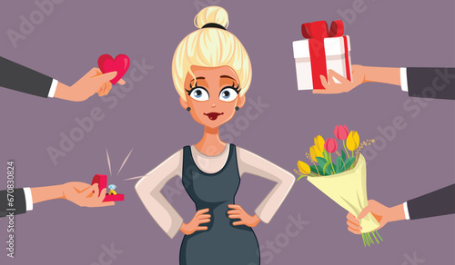 Blonde Sexy Woman Attracts Many Admirers with Gifts Vector Cartoon. Attractive young woman having many suitors at the same time
