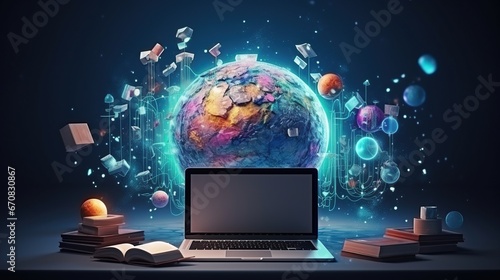 Business technology with laptop global connection. AI generated image