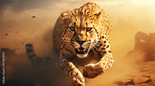 Cheetah exercising on dust fantasy background. AI generated image