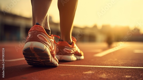 Man athlete shoe close up in outdoor arena. AI generated image