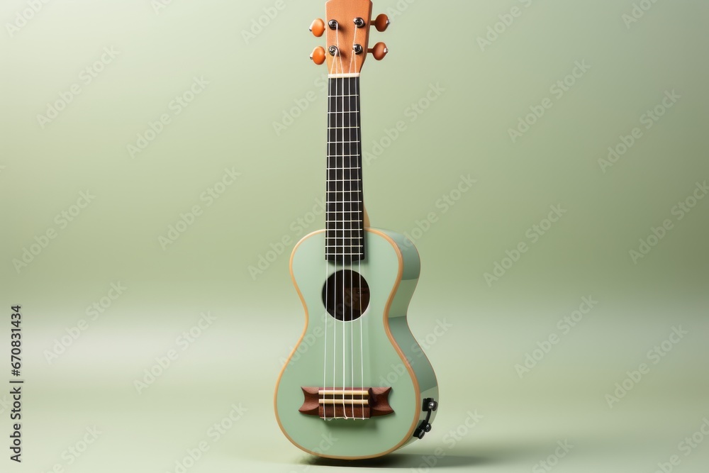 Fototapeta premium Ukulele with a pastel gray body and pastel green strings, striking a balance between modernity and serenity, Generative AI