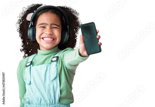 Excited, phone screen and mockup, girl and headphones, listen to music and ads for app isolated on transparent png background. Happy, smartphone and space for audio streaming marketing with young kid