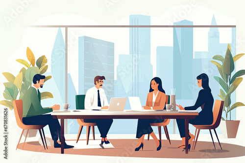 In this flat illustration, a modern workplace scenario unfolds as a group of professionals collaborates in a business meeting, each one engaged with their laptop. 